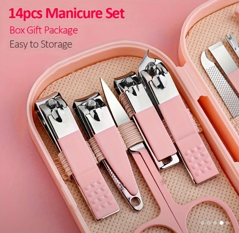 Set manicura 14 en 1. Color rosado. Acero inoxidable. Cuidado personal