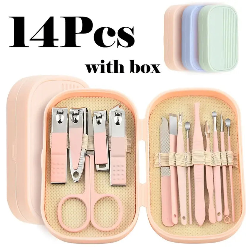 Set manicura 14 en 1. Color rosado. Acero inoxidable. Cuidado personal