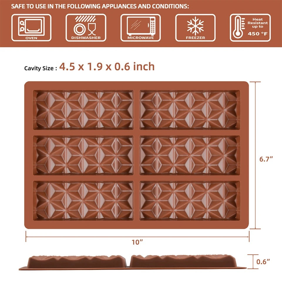 Molde para tableta de chocolate de 6 cavidades con diseño diamante. Ideal para reposteria y chocolatería