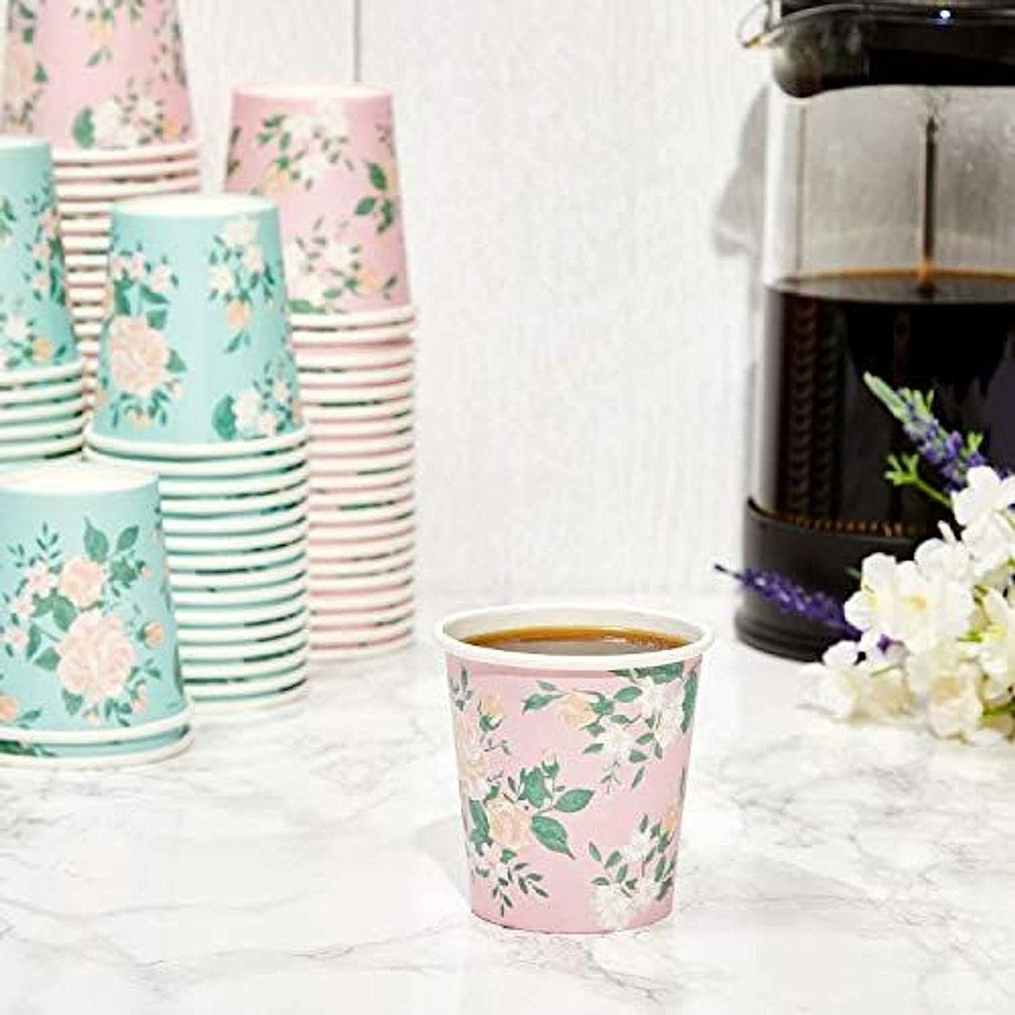 Tazas de papel de espresso, taza pequeña para baño, 2 diseños florales (4 oz, 100 unidades). Decoracion y reposteria