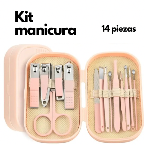 Set manicura 14 en 1. Color rosado. Acero inoxidable. Cuidado personal