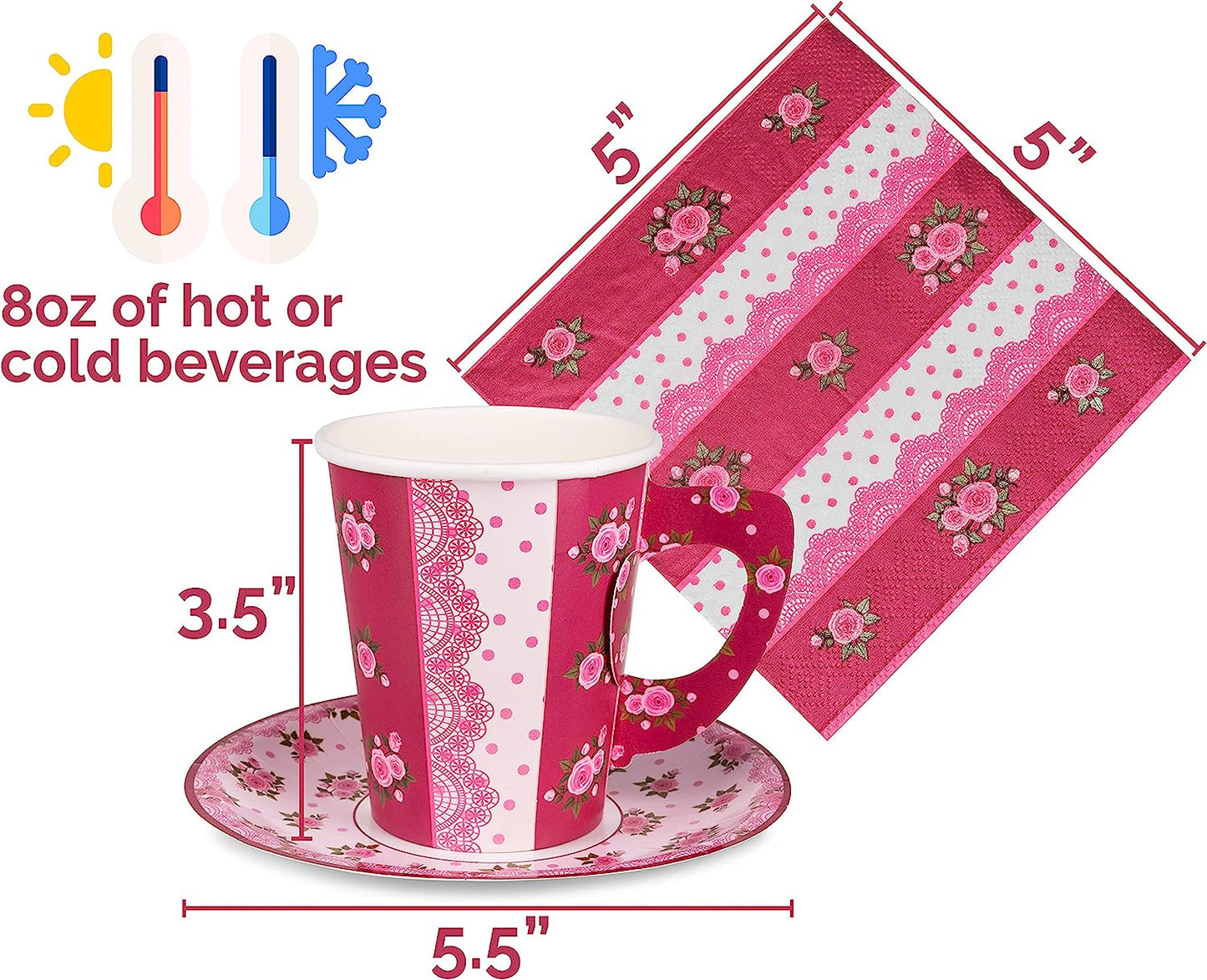 Royal Bluebonnet Decoraciones de fiesta de té de rosas – 24 tazas de té de papel, platos y servilletas. Reposteria